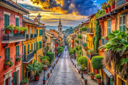 Colorful Italian street at sunset, vibrant buildings, flowers, cobblestone road.の素材