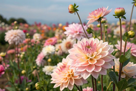 Close-up of peach and pink dahlias in a field.の素材