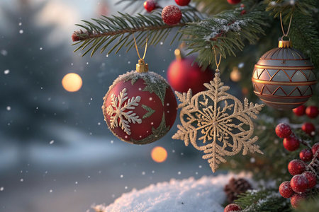 Snow-covered Christmas tree ornaments at sunset.の素材