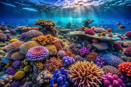 Vibrant underwater coral reef scene with diverse fish and sunlight.の素材