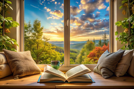 Open book, coffee cup on window seat overlooking scenic autumn sunrise.の素材