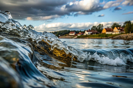 Close-up of a wave breaking near a shoreline with houses.の素材