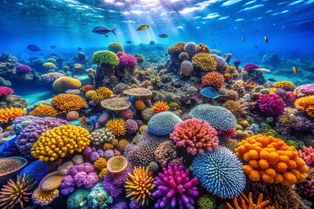 Vibrant coral reef teeming with diverse marine life under sunlit ocean.の素材
