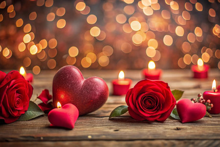 Romantic Valentine's Day scene with red roses, candles, and hearts on wooden background.の素材
