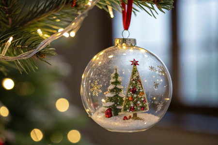 Glass Christmas bauble with miniature snow scene hanging on tree.の素材