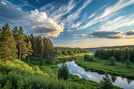 Scenic river winding through lush green forest under a vibrant sunset sky.の素材