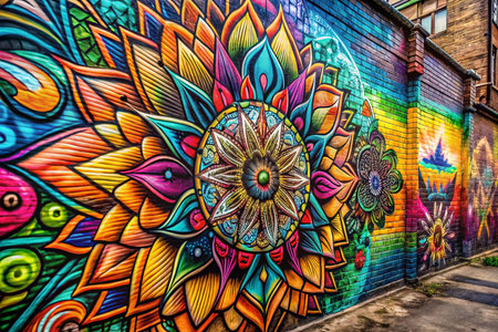 Vibrant mandala mural on brick wall.の素材