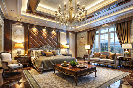 Luxurious master bedroom with ornate furniture, chandelier, and scenic view.の素材