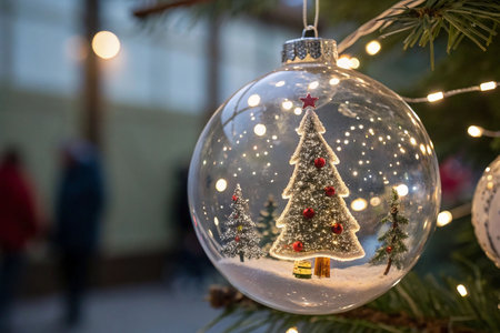 Clear glass Christmas ornament with miniature snow scene inside, hanging on a tree.の素材
