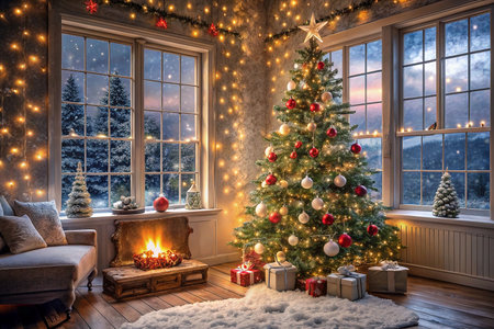 Cozy Christmas living room with decorated tree, fireplace, and gifts.の素材