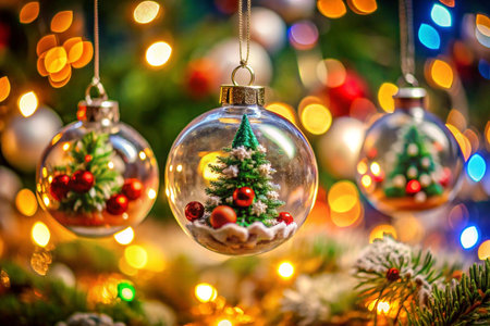 Three hanging clear glass Christmas ornaments with miniature Christmas trees and decorations inside, against a bokeh background of Christmas lights.の素材