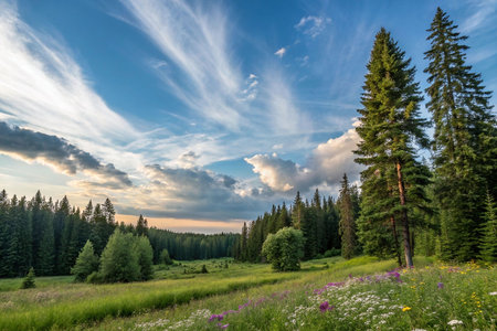 Sunset over a vibrant meadow and coniferous forest.の素材
