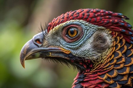 Close-up profile of a vibrant red and black crested guan.の素材