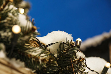 Snow-covered pine branches with warm fairy lights.の素材