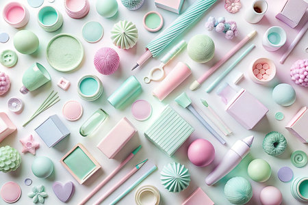Pastel colored objects arranged in a flat lay composition.の素材