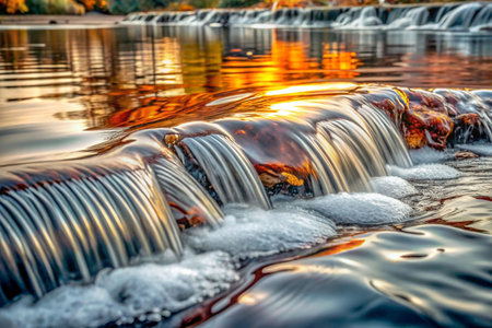 Serene autumn waterfall with golden reflections.の素材