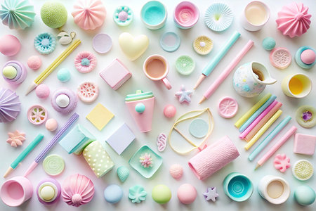 Pastel-colored objects arranged on white background.の素材