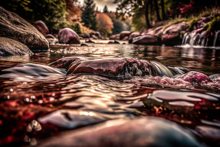 Close-up of a shallow stream flowing over rocks, autumn colors reflected in the water.の素材