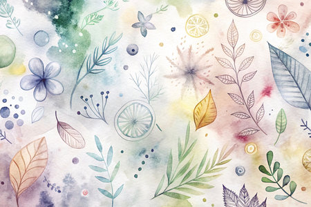 Watercolor floral pattern with leaves, flowers, and citrus fruits on a pastel background.の素材