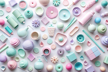 Pastel-colored objects arranged on white background.の素材