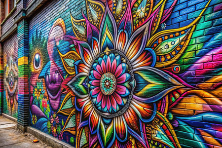 Vibrant floral mural on brick wall.の素材
