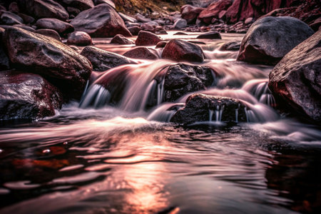 Smooth stream flowing over rocks at sunset.の素材