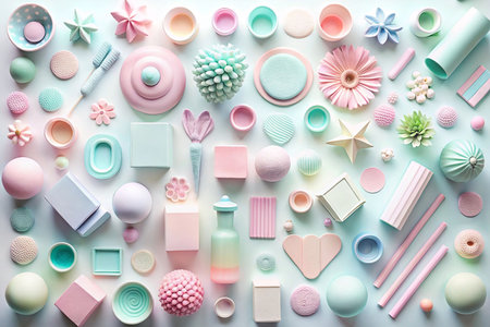 Pastel-colored shapes and objects arranged on a white background.の素材