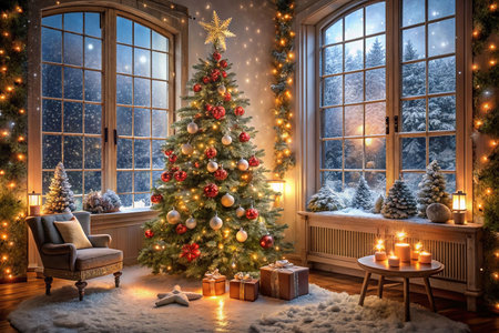 Cozy Christmas scene with decorated tree, gifts, and snowy window view.の素材