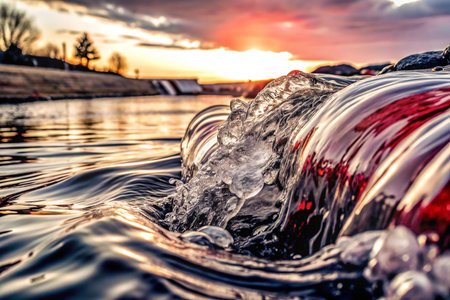 Vibrant sunset reflecting on cascading water.の素材