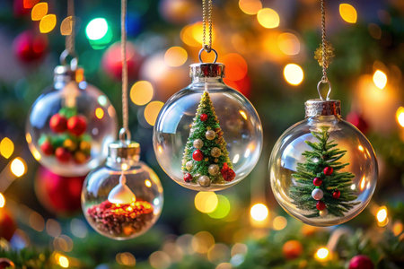 Festive glass ornaments with miniature trees and berries hanging against a bokeh Christmas light background.の素材