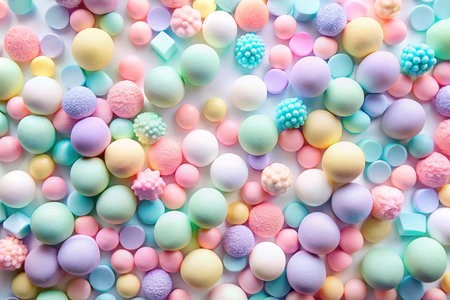 Pastel-colored candy assortment background.の素材