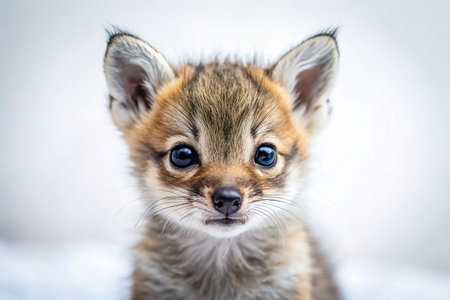Adorable baby fox kit with big blue eyes.の素材