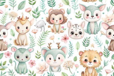 Adorable watercolor animal seamless pattern.の素材