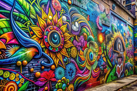 Vibrant, colorful mural on brick wall.の素材