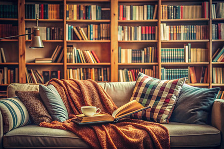 Cozy living room with bookshelves, sofa, blanket, pillows, book, and coffee cup.の素材