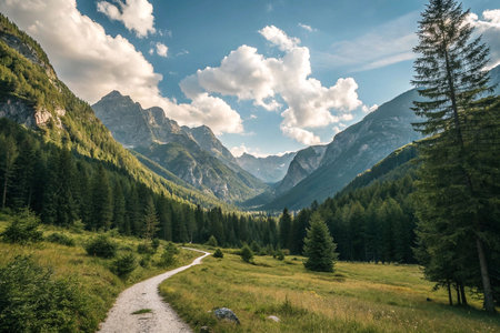 Scenic mountain valley trail with lush green forest.の素材