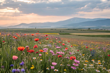 Vibrant wildflowers bloom in a scenic field at sunset, mountains in the background.の素材