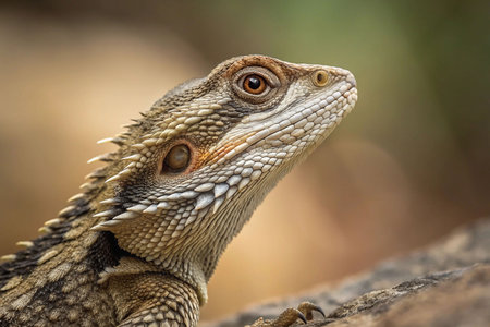 Close-up of a lizard's head, looking up.の素材