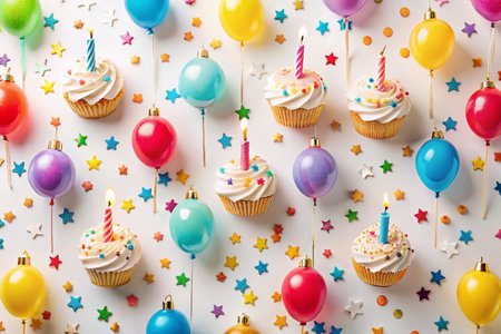 Festive birthday cupcakes with balloons and confetti.の素材