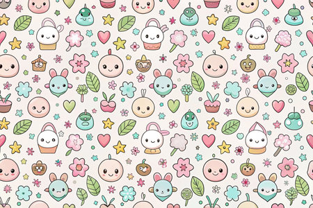 Cute kawaii seamless pattern with bunnies, sweets, and flowers.の素材