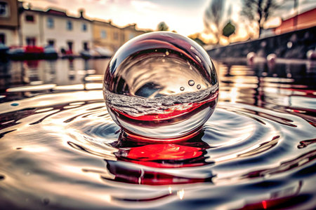 Crystal ball reflecting sunset cityscape on water.の素材