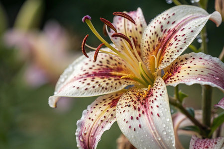Close-up of a speckled lily flower with dew drops.の素材