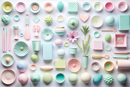 Pastel-colored objects arranged on white background.の素材