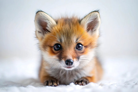 Adorable red fox kit lying down, looking at camera.の素材