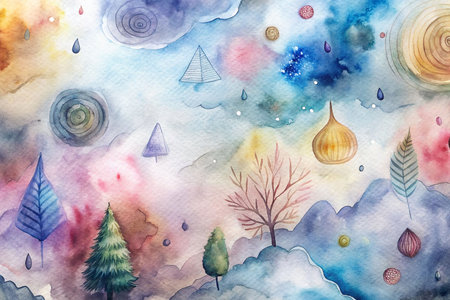 Watercolor fantasy landscape with trees, clouds, and raindrops.の素材