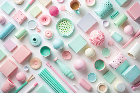 Pastel-colored objects arranged in a flat lay composition on a white background.の素材