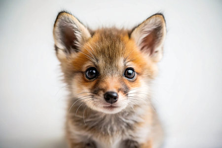 Adorable red fox kit portrait against white background.の素材