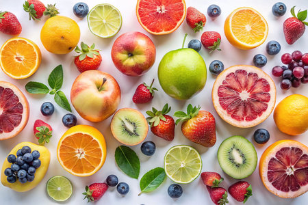 Colorful assorted fruits, berries, and citrus slices on white background.の素材