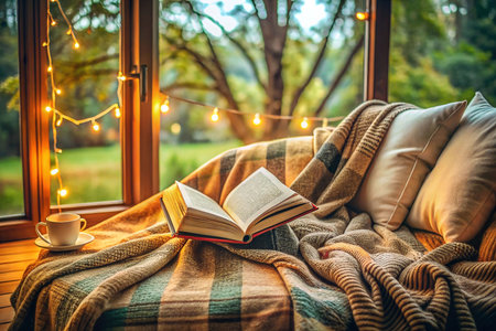 Cozy autumn reading nook by window with book, blanket, and tea.の素材