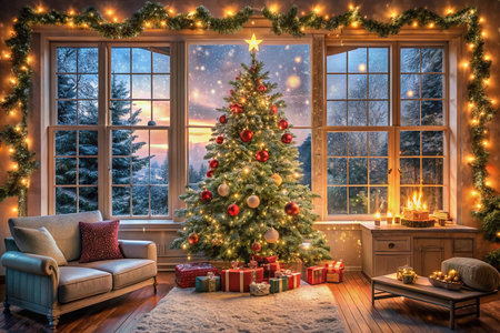 Cozy Christmas living room with decorated tree, presents, and snowfall view.の素材